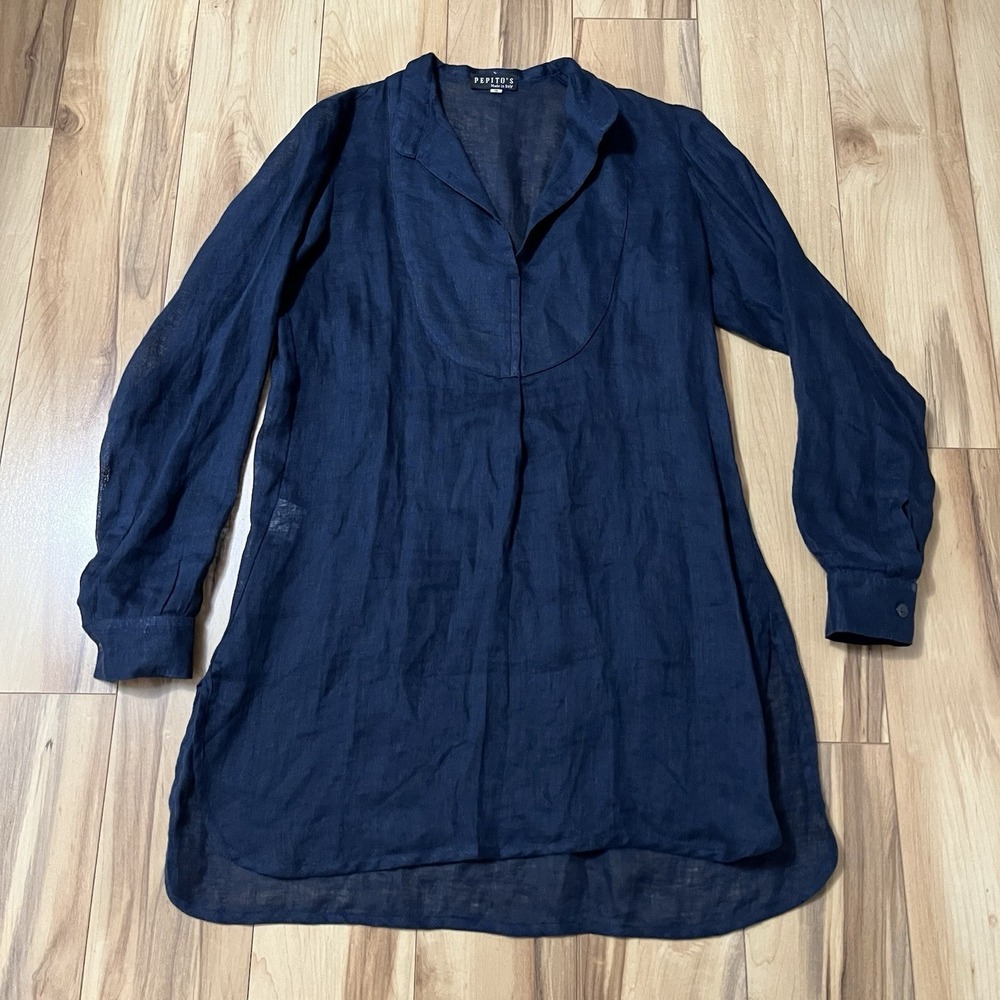 100% Linen Tunic Beach Cover Up Sz‎ S Blue Made In Italy Lightweight Lagenlook